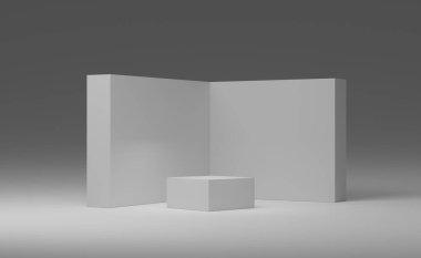 Modern sahne görüntüleme ve minimalist modelleme, soyut gösteri arkaplanı, 3d görüntüleme veya 3d görüntüleme için geometrik şekillere sahip podyum boş