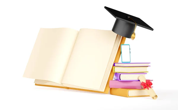 Libro Abierto Sombrero Graduación Con Diploma Enrollado Aislado Sobre Fondo —  Fotos de Stock