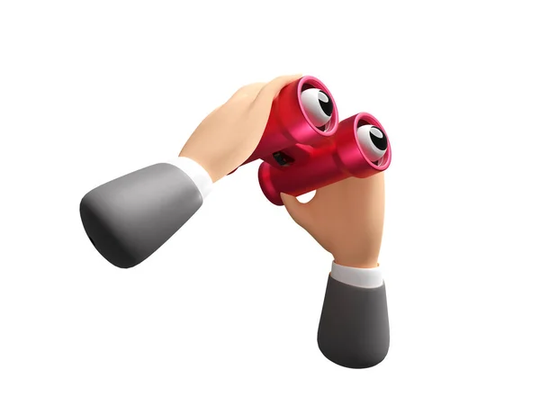 Personaje Dibujos Animados Hombre Negocios Mano Sostiene Binocular Rojo Aislado —  Fotos de Stock
