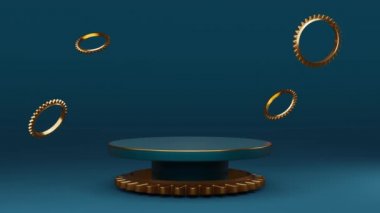 cylinder podium empty and moving gear with geometric shapes in blue composition ,pedestal modern stage display and minimalist mockup ,abstract showcase background ,3d render