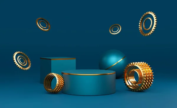 스테이지 디스플레이와 미니멀리즘 케이스 콘셉트 일러스트 렌더링을 파란색 구성에 기하학적 — 스톡 사진