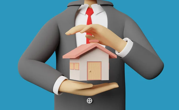 Desenhos Animados Personagem Homem Negócios Mãos Proteger Casa Modelo Isolado — Fotografia de Stock