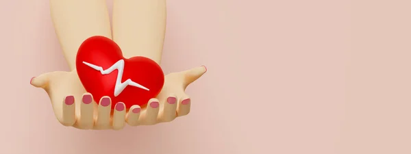 Cartoon Frauenhände Mit Rotem Herzen Und Blutdruck Herzfrequenz Mit Kopierraum — Stockfoto