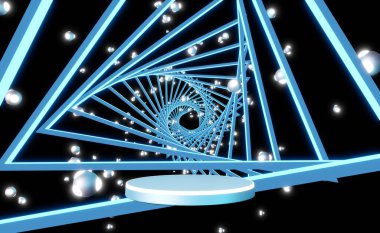 Metal podyum boş, merkezinde dönen bir üçgen ve nebula zemininde parlayan bir parçacık topu var. Soyut teknoloji geçmişi. 3d hazırlayıcı 