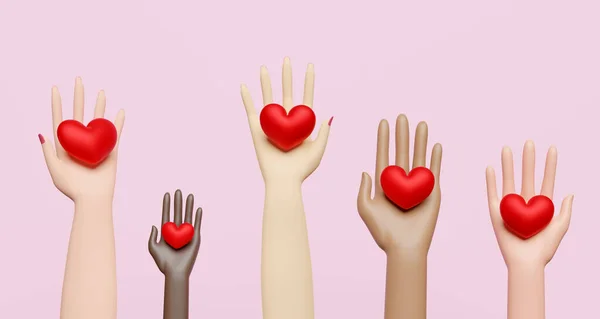 cartoon hands holding red heart with copy space isolated on pink background ,give and share love concept ,3d render