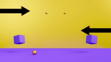 Modern sahne görüntüsü ve minimalist model, soyut gösteri arkaplanı, 3 boyutlu canlandırma animasyonu için sarı kompozisyonda ve geometrik şekilleri olan altın renkli silindir podyum
