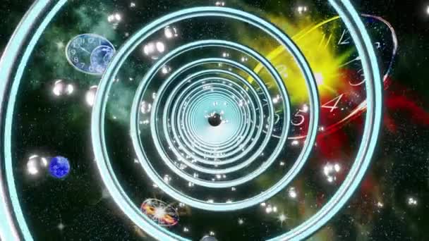 中心の回転円と星雲の背景に輝く素粒子の球 抽象的な技術的背景です 3Dレンダリング — ストック動画
