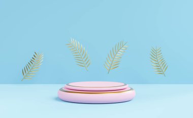 Silindir sahne podyumu boş, geometrik şekiller mavi pastel kompozisyonda. Yaz dekorasyonu konsepti, soyut gösteri arkaplanı, 3d illüstrasyon veya 3d canlandırma