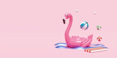 Plaj topu, lastik sal ve pembe arka planda izole edilmiş kopyalama alanı olan şişme flamingo. Konsept 3d illüstrasyon veya 3d canlandırma