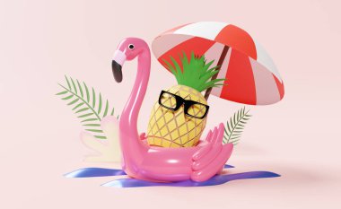 Plaj şemsiyesi ve ananaslı şişme flamingo pembe arka planda izole güneş gözlüğü. Konsept 3d illüstrasyon veya 3d canlandırma