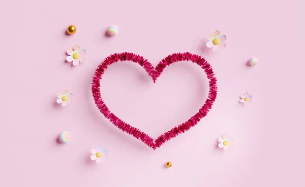 Kırmızı Kalp Pembe Pastel Renkte Çiçeklerle Şekillenir Sevgililer Günü Arkaplanı — Stok fotoğraf