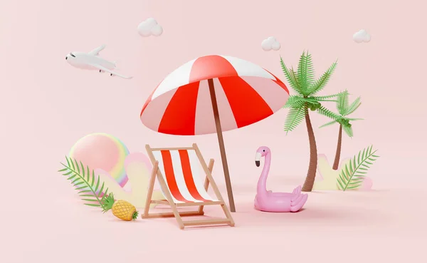 Nyári Strand Strand Székkel Labda Úszás Gyűrű Flamingo Pálma Levél — Stock Fotó