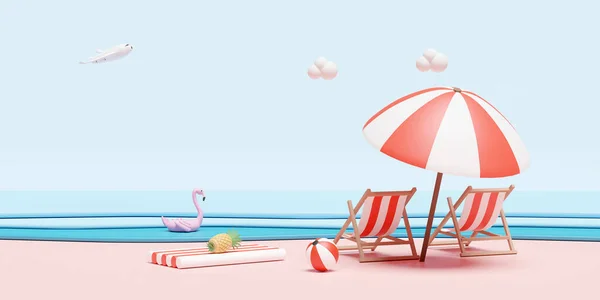 Praia Verão Céu Com Cadeira Praia Bola Flamingo Anel Natação — Fotografia de Stock