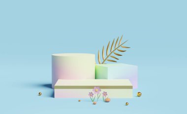 küp ve silindir sahne podyumu çiçeklerle boş, top mavi pastel kompozisyonda. Yaz dekorasyonu konsepti, soyut gösteri arkaplanı, 3d illüstrasyon veya 3d canlandırma