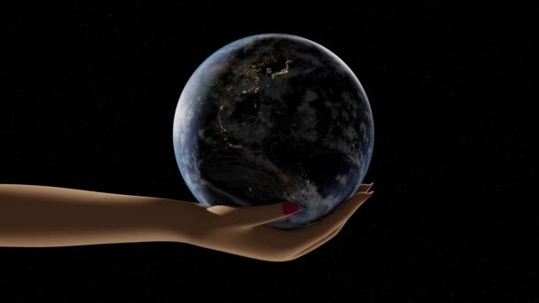宇宙を背景にした惑星地球を持つ女性の手 3Dレンダリングアニメーション — ストック動画