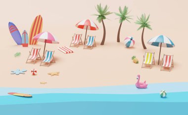 Plaj üstü manzaralı plaj sandalyesi, top, şişme flamingo, şemsiye, hindistan cevizi ağacı, deniz yıldızı, lastik sal, sörf tahtası, manzara arka plan konsepti, 3D çizim veya 3D çizim