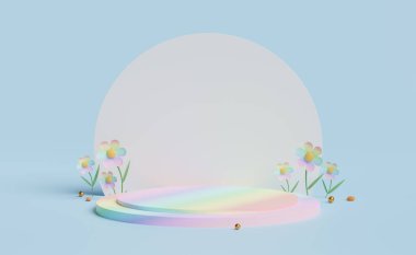 Silindir sahne podyumu çiçekli, top mavi pastel kompozisyonda. Yaz dekorasyonu konsepti, soyut gösteri arkaplanı, 3d illüstrasyon veya 3d canlandırma