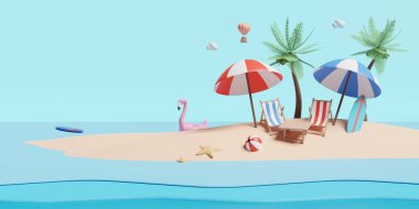 Plaj sandalyesi, şemsiyesi, topu, şişme flamingosu, bulutu, sıcak hava balonu, denizyıldızı, hindistan cevizi ağacı izole edilmiş manzara konsepti, 3D resimleme veya 3D görüntüleme