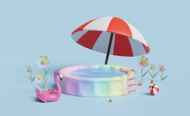 Yüzme yüzüğü flamingolu şişme havuz, şemsiye, mavi arka planda izole plaj topu. Yaz dekorasyonu konsepti, 3d illüstrasyon veya 3d canlandırma