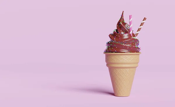 ice cream chocolate with topping in waffle cones isolated on pink pastel background.3d illustration or 3d render