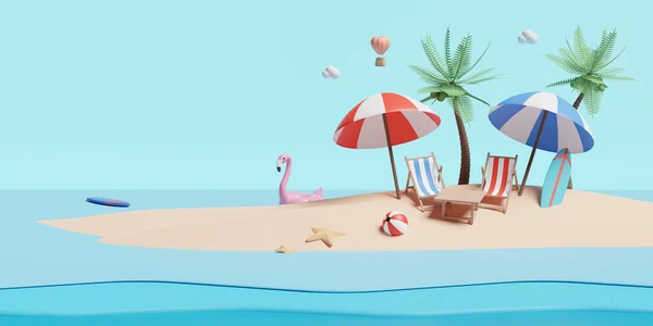 Plaj sandalyesi, şemsiyesi, topu, şişme flamingosu, bulutu, sıcak hava balonu, denizyıldızı, hindistan cevizi ağacı izole edilmiş manzara konsepti, 3D resimleme veya 3D görüntüleme