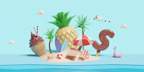 Летний Пляж Остров Пляжным Креслом Зонтик Мяч Надувной Фламинго Мороженое — стоковое фото