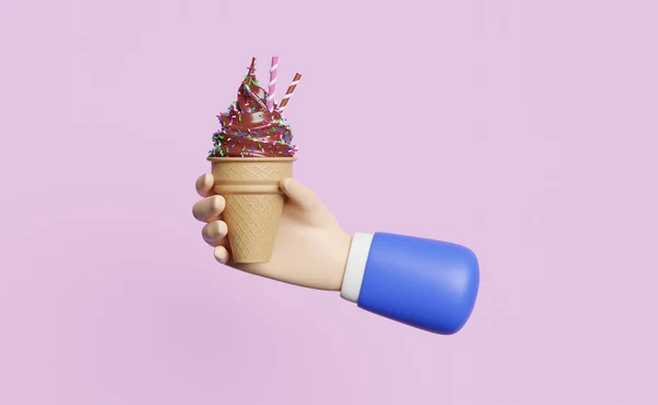 手拿着冰激凌巧克力 上面夹着华夫饼 在粉红的面糊背景上隔绝 3D插图或3D渲染 — 图库照片