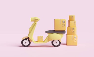 Çevrimiçi dağıtım veya çevrimiçi sipariş izleme konsepti, motosikletli hızlı paket sevkiyatı ve pembe pastel arka planda izole edilmiş eşya kutusu, 3d illüstrasyon veya 3d canlandırma