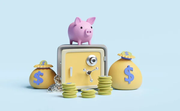 Safe Box Piggy Bank Money Bag Coins Diamond Isolated Blue — Stock Photo, Image