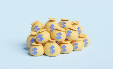 Yığınla para çantaları mavi pastel arka planda izole edilmiş dolar, kredi onayı, iş bankacılığı, yatırım konsepti, 3D illüstrasyon veya 3D canlandırma