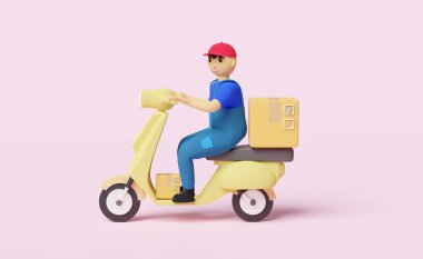 çizgi film karakteri çevrimiçi dağıtımı veya çevrimiçi sipariş izleme konsepti, scooter ve malzeme kutusu ile hızlı paket nakliyesi pembe pastel arka planda izole edilmiş, 3d illüstrasyon veya 3d canlandırma