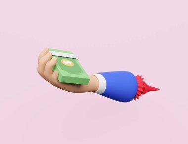 Pembe arka planda izole edilmiş banknotları tutan karikatür elleri. Pembe pastel arka planda izole edilmiş hızlı kredi onayı veya kredi onayı kavramı, 3D illüstrasyon veya 3D canlandırma