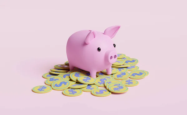 Sparschwein Mit Goldmünzen Geldhaufen Rosa Zusammensetzung Hintergrund Sparen Geld Konzept — Stockfoto