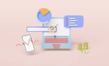 Çizelgeleri ve grafiği olan dizüstü bilgisayar, analiz işi finansal verileri, dolar paraları, pembe pastel arka planda izole edilmiş çevrimiçi pazarlama, 3d illüstrasyon veya 3d canlandırma