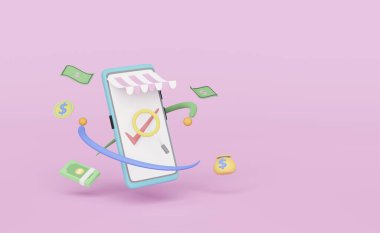 cep telefonu, para çantası, çek damgası, büyüteç, banknot, pembe arka planda izole edilmiş online pazarlama için bozuk para, Startup franchise iş konsepti, 3d illüstrasyon veya 3d canlandırma