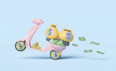 karikatür mobilet taşıma çantası para, banknot, pembe arka planda izole edilmiş madeni para. Hızlı kredi onayı veya pembe pastel arka planda izole edilmiş kredi onayı veya kredi onayı konsepti, 3d illüstrasyon veya 3d render