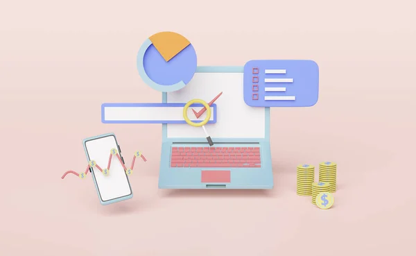 Çizelgeleri ve grafiği olan dizüstü bilgisayar, analiz işi finansal verileri, dolar paraları, pembe pastel arka planda izole edilmiş çevrimiçi pazarlama, 3d illüstrasyon veya 3d canlandırma