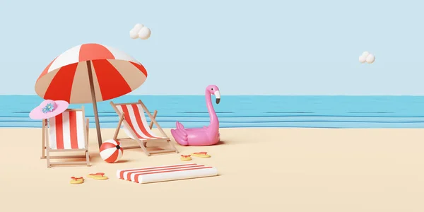 Zomerstrand Eiland Met Strandstoel Paraplu Bal Opblaasbare Flamingo Wolk Sandalen — Stockfoto