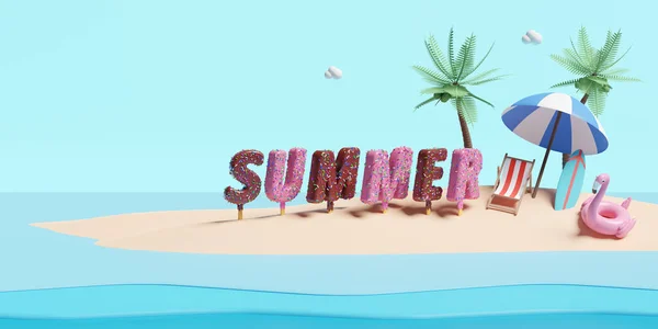 Летний Пляж Остров Пляжным Креслом Зонтик Надувной Фламинго Мороженое Палочки — стоковое фото