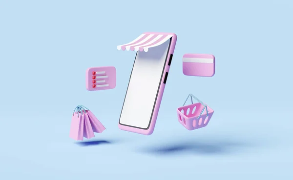 cep telefonu ya da mağaza önü yazılı pembe akıllı telefon, kese kağıdı, vida kartı, mavi arka planda alışveriş sepeti, online alışveriş konsepti, 3D illüstrasyon ya da 3D görüntüleme