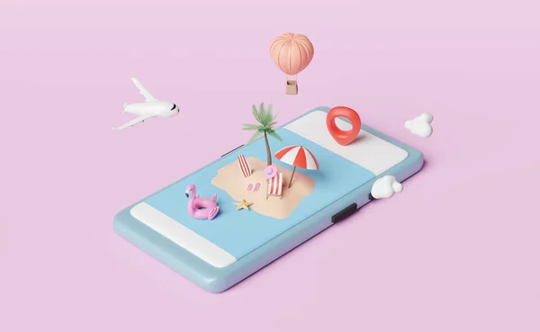 Mobiltelefon Eller Smartphone Med Handflator Strandstol Uppblåsbar Flamingo Stift Paraply — Stockfoto