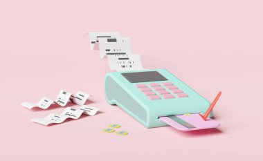 ödeme makinesi veya pos terminali, elektronik fatura ödemesi ve faturalı kredi kartı veya kağıt çek makbuzu, pembe arka planda izole edilmiş bozuk para, 3d illüstrasyon veya 3d görüntüleme
