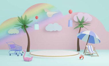 white cylinder stage podium with beach chair,Inflatable flamingo,palm leaf,shopping cart,paper bags,cloud,online shopping summer sale concept, 3d illustration or 3d render