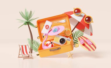 Turuncu bavul, plaj sandalyesi, güneş gözlüğü, kamera, sörf tahtası, şemsiye, şişme flamingo, hindistan cevizi ağacı, pembe arka planda izole edilmiş büyütme, 3D çizim veya 3D görünüm