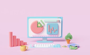 Çizelgeleri ve grafiği olan bilgisayar, analiz işi finansal verileri, dolar paraları, çevrimiçi pazarlama pembe pastel arka planda izole edilmiş, 3D resimleme veya 3D görüntüleme