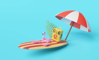 Sarı valiz, güneş gözlüğü, sörf tahtası, şemsiye, şişme flamingo, mavi arka planda avuç içi izole edilmiş, 3D çizim ya da 3D çizim