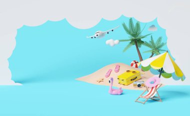 Sarı valiz, plaj sandalyesi, güneş gözlüğü, kamera, şemsiye, şişme flamingo, hindistan cevizi ağacı, sandaletler, uçak, mavi arka planda izole edilmiş bulut, konsept 3d illüstrasyon veya 3d canlandırma