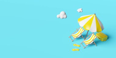 Sarı bavul, plaj sandalyesi, şemsiye, bulut, mavi arka planda izole edilmiş sandaletler, konsept 3D illüstrasyon veya 3D canlandırma ile yaz yolculuğu