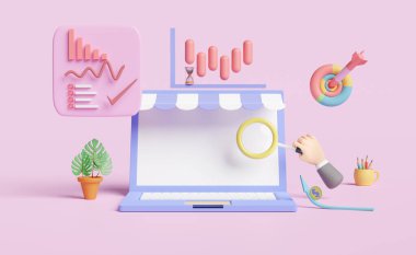 Çizelgeleri ve grafiği olan bilgisayar, analiz işi finansal verileri, hedef, dart, işadamı eli, büyüteç, pembe pastel arka planda izole edilmiş online pazarlama, 3d illüstrasyon veya 3d canlandırma