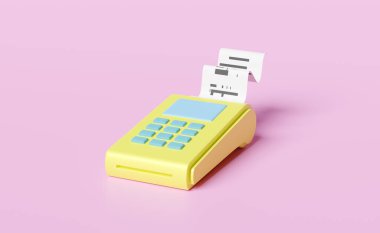 Sarı ödeme makinesi veya pos terminal, elektronik fatura ödemesi ve faturalı kredi kartı veya kağıt çek makbuzu, pembe arka planda izole edilmiş bozuk para, 3d illüstrasyon veya 3d görüntüleme
